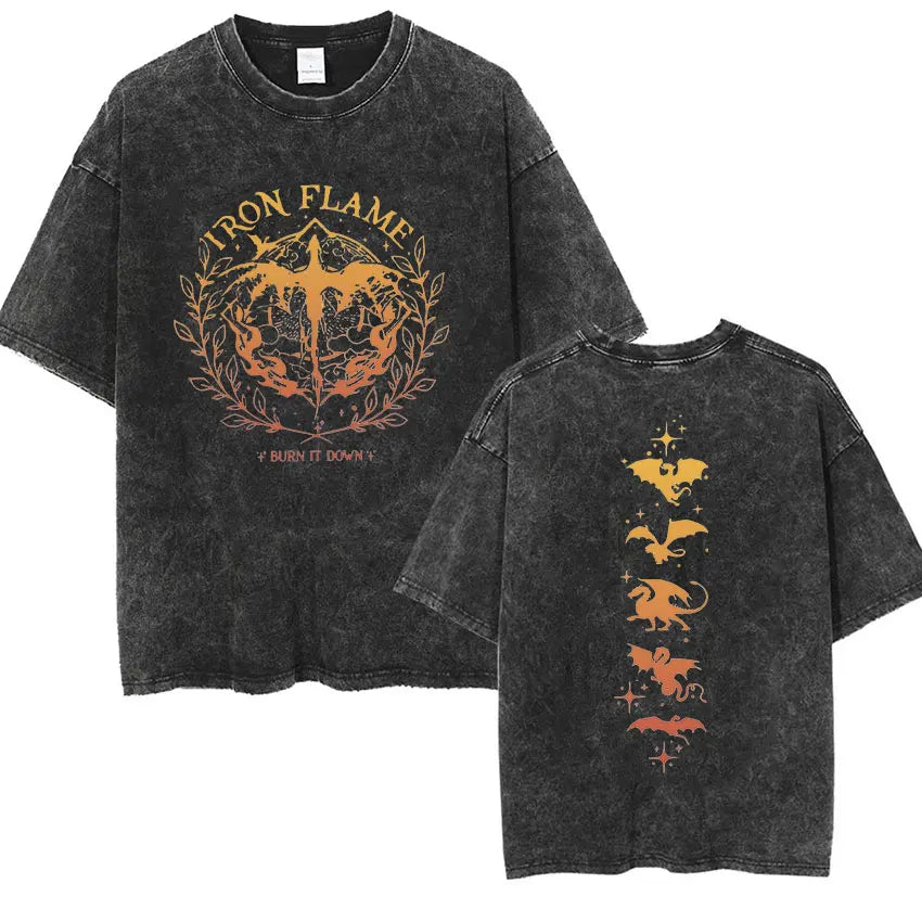 Basgiath War College Vintage Washed  T Shirts Fourth Wing Dragon Rider Print Short Sleeve T-shirt Men's Fashion Oversized Tshirt