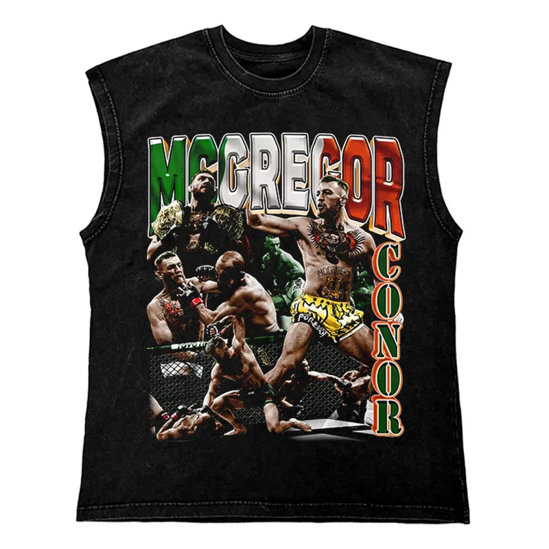 Hip Hop Streetwear T Shirt Men Washed Vest Oversized Cotton Combat Boxing Portrait Graphic Tank Tops 270Gym Tee Top Men Clothing