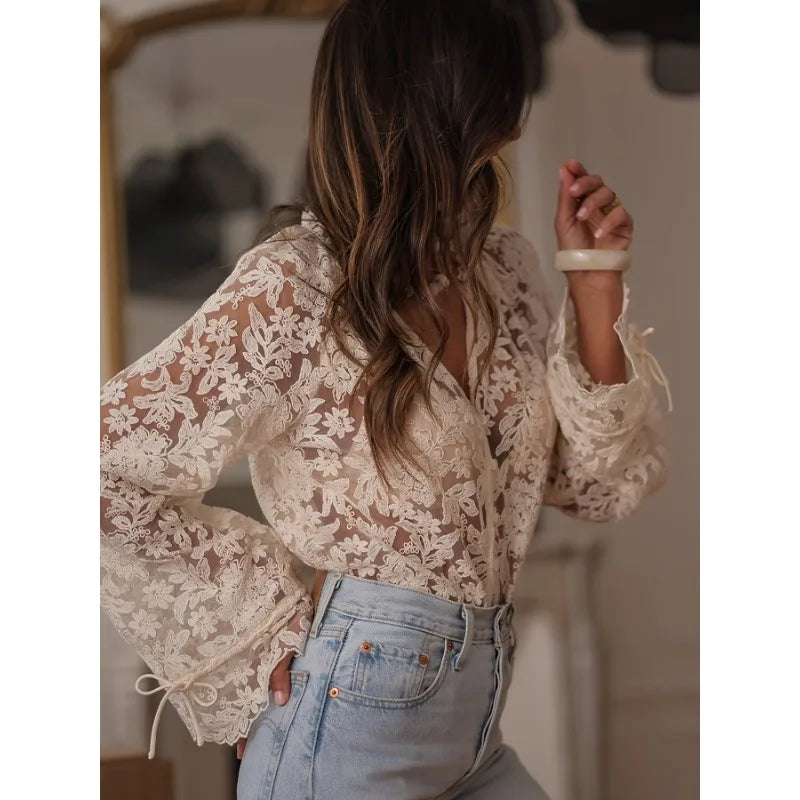 Elegant Lace Sheer Long Petal Sleeve Tops Blouse Women V-Neck Spring Summer Floral Hollow Fairycore Single Breasted Tops Outfit