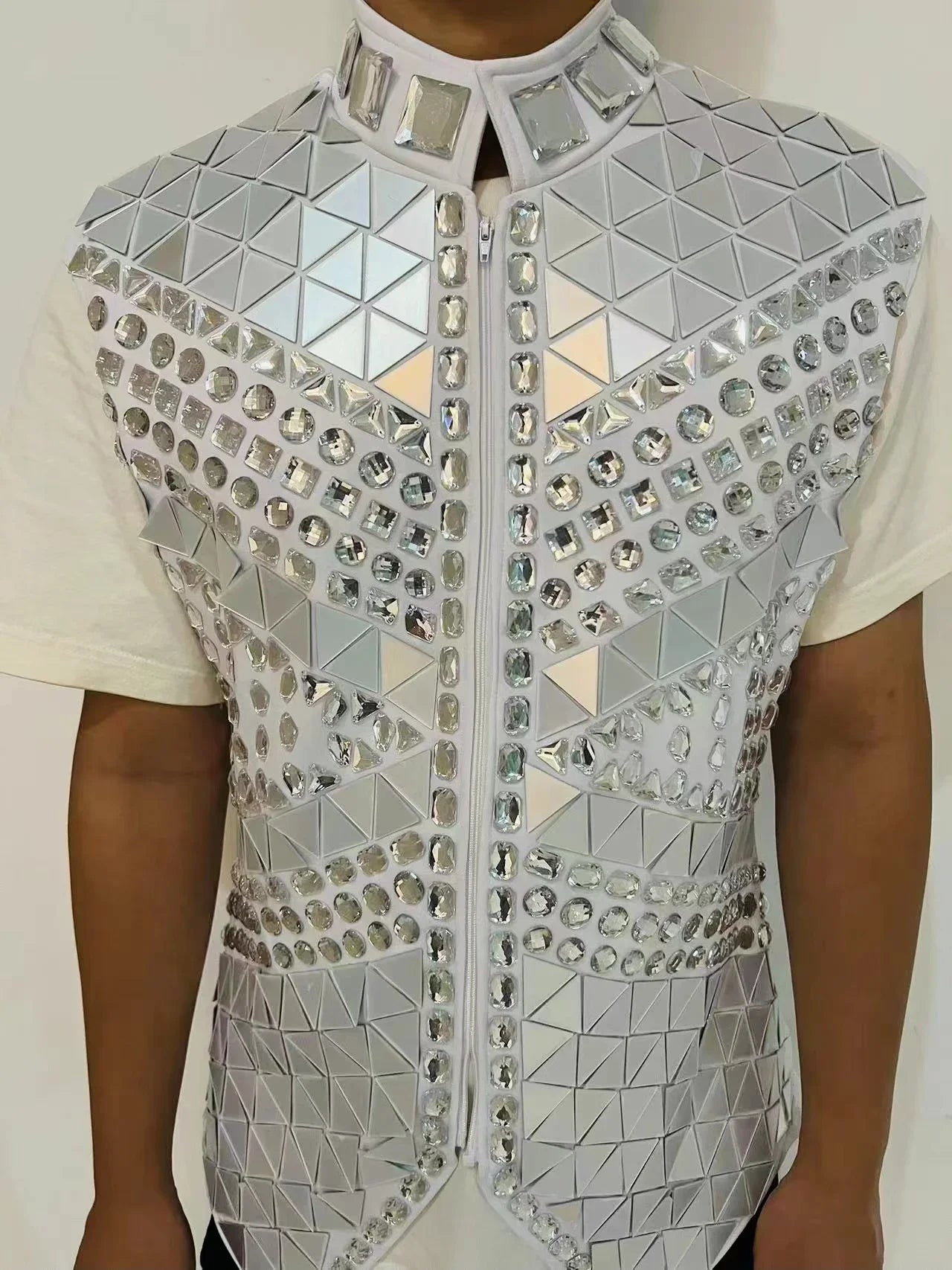 Sparkly Rhinestones Male Mirror Waistcoat Bar Nightclub Singer Stage Crystal Sequins Vest Performance Clothes Drum Dance Coat