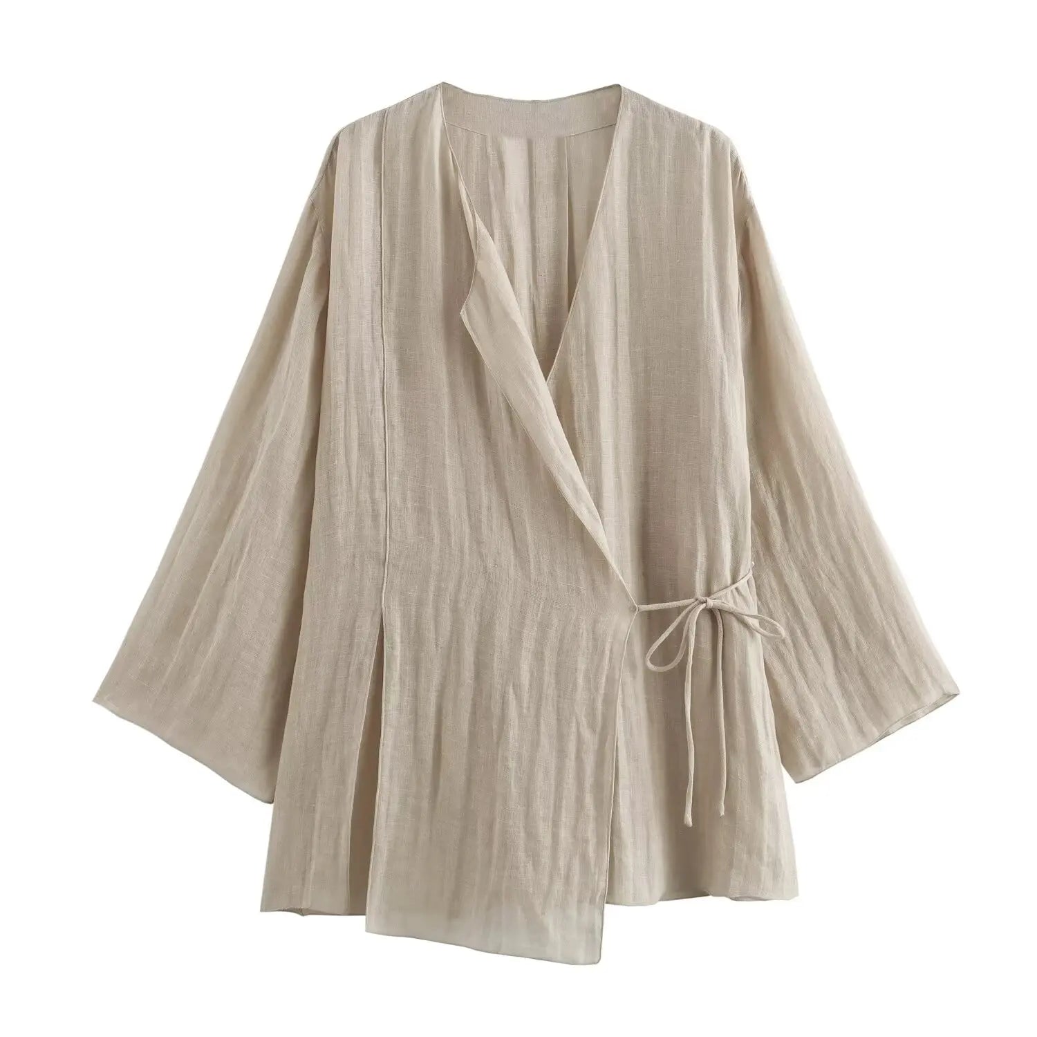 Elegant Women Lace Up V Neck Long Sleeve Linen Crossover Kimono Casual Summer Shirt