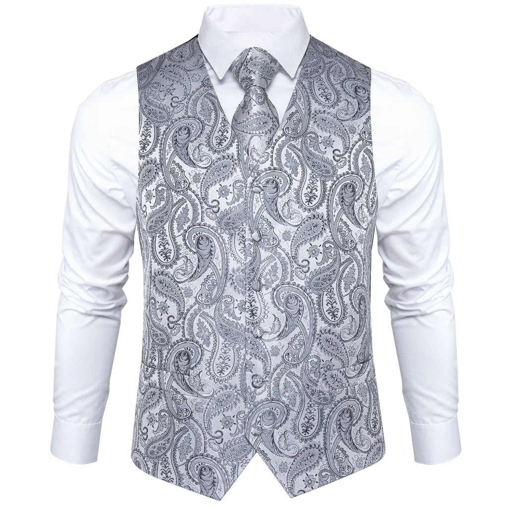 Luxury Silver Gray Paisley Suit Vest Men Tuxedo Blazers Wedding Party Waistcoat Neck Tie Set Casual Sleeveless Jacket