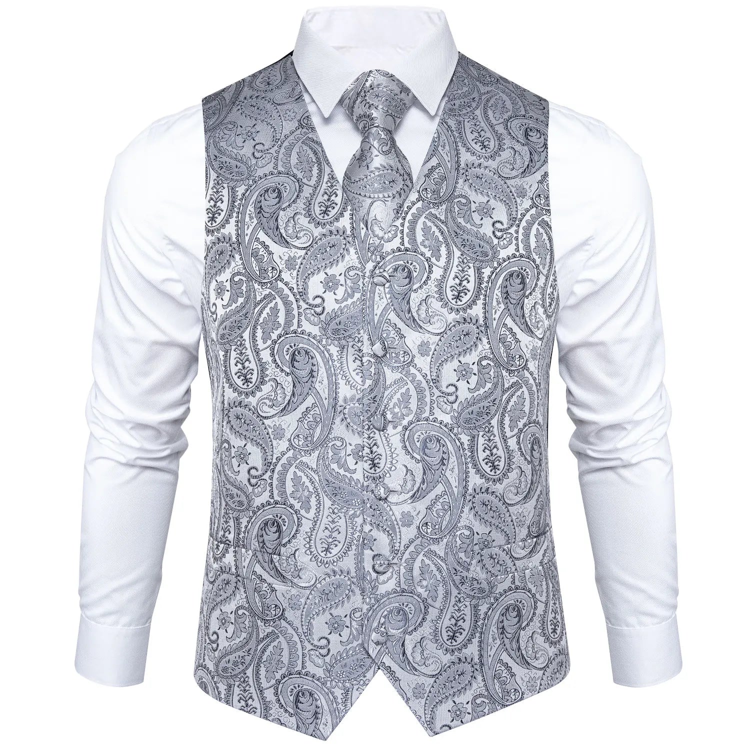 Luxury Silver Gray Paisley Suit Vest Men Tuxedo Blazers Wedding Party Waistcoat Neck Tie Set Casual Sleeveless Jacket