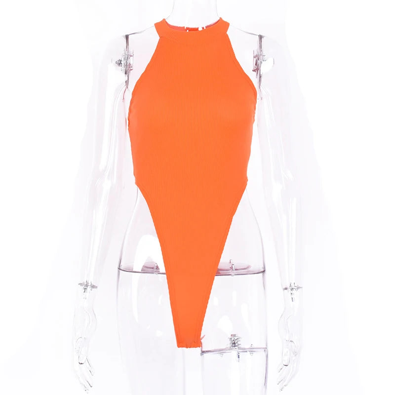 Women Ladies Sexy Sleeveless Solid Color High Cut Slim Skinny Bodycon Club Beach Fashion Halter Bodysuits Leotard Tops Rompers