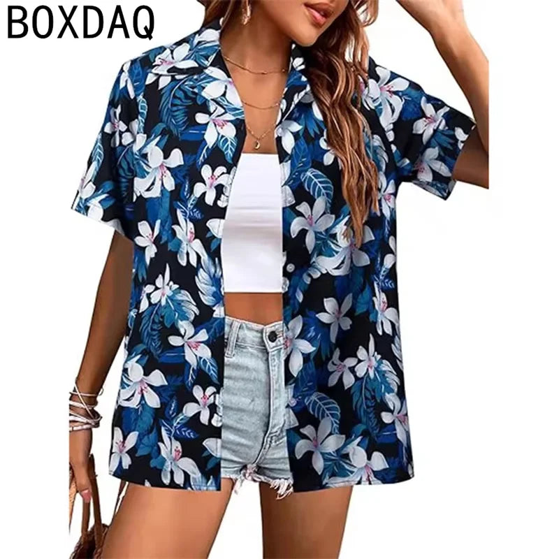 Tropical Coconut Tree Print Women's Hawaii Style Shirt Summer Lapel Short Sleeve Single Breasted Casual Personalized Shirt Tops