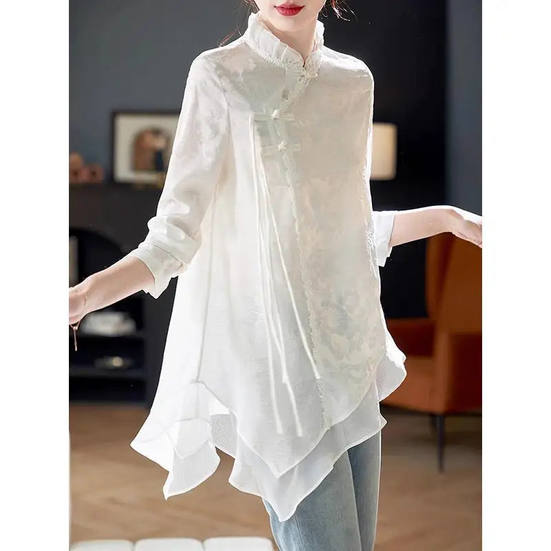 Spring Autumn New Fashion Stand Collar Long Sleeve Pullovers Women's Clothing Aesthetic Loose Female Clothes Printed Women Blous