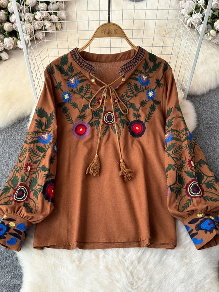Women's Retro Blouse National Style Embroidered Lace-Up Tassel V-Neck Lantern Sleeve Tops Loose All-Match Female Blusa A21