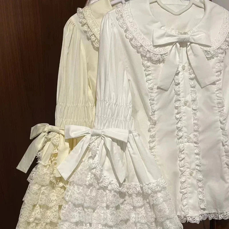 Japanese Y2k Vintage Lolita Shirts Women Korean Sweet Elegant Cute Tops Gothic Y2K Bow Lace Ruffle Flare Long Sleeve Blouse