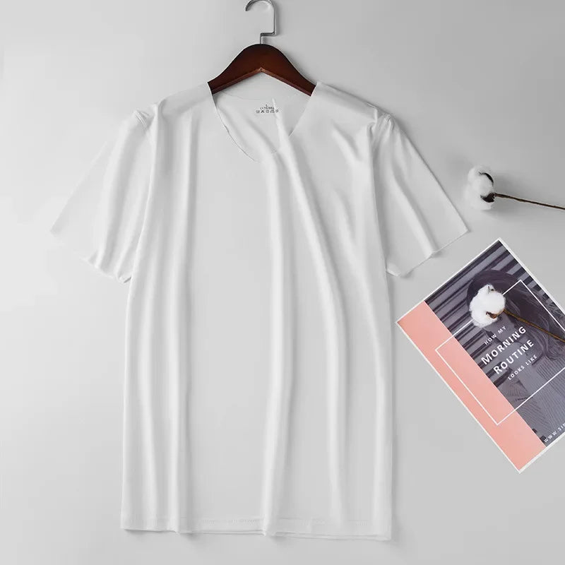 Men's Skinny Undershirt Plus Size Ice Silk Basic Shirts Breathable V-Neck Seamless T-shirt Underwear Thin Slim Bottoming Shirt