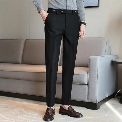 Pure Color Male Business Wedding Dress Pants Fashion Unique Design Men Waist Adjustable Suit Pant No Belt Slim Trousers Homme