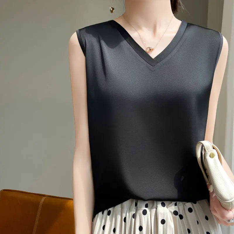 V-Neck Silk Vest Women's Summer Short-Sleeved Blouse With Acetic Acid Satin Top Sleeveless Bottoming Shirt YTM A39