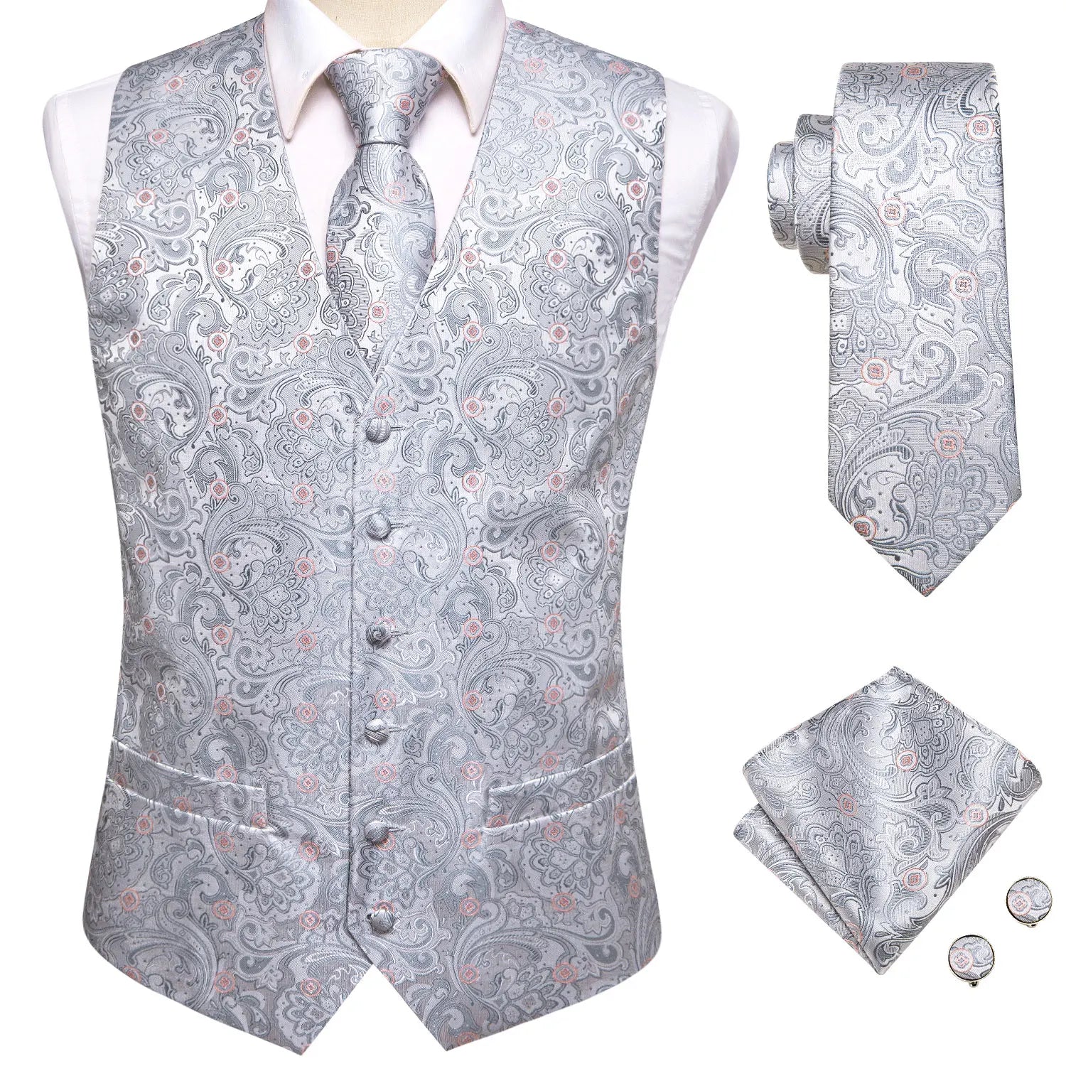 Hi-Tie Black Men Silk Vest Paisley Jacquard Necktie Hankerchief Cufflinks Sets Male Sleeveless V-Neck Waistcoat Business Formal