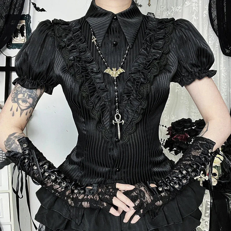 Goth Dark Kawaii Black Short Sleeve Buttons Shirt Lace-up Blouses Mall Gothic Slim Lapel Collar Stripe Shirts Women Alt Techwear