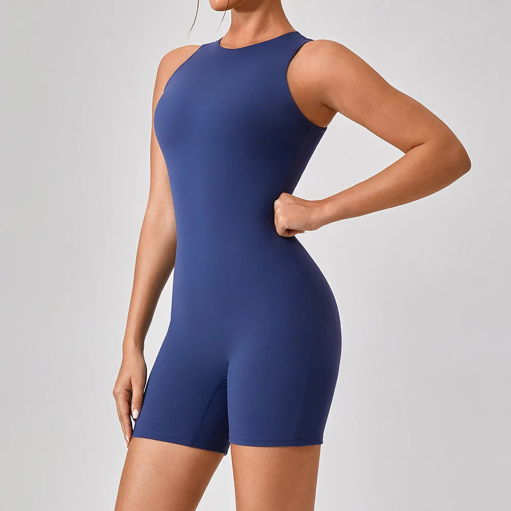 Sleeveless Sport Full Body Jumpsuit Back Zipper Women Unitard Gym Short Playsuit Yoga Wear Female Fitness Overalls Romper White