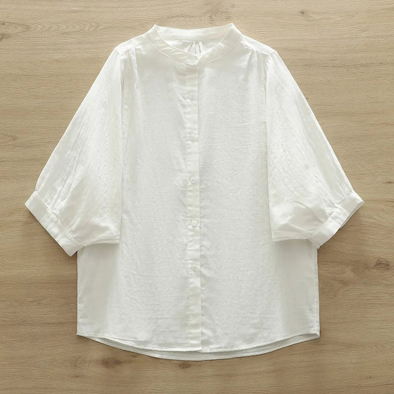 100% Cotton yarn women's shirt 2025 summer Japan style brief short bat sleeve blouses large size tops middle aged women blouses