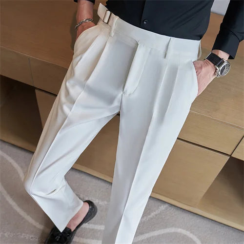 Pure Color Male Business Wedding Dress Pants Fashion Unique Design Men Waist Adjustable Suit Pant No Belt Slim Trousers Homme
