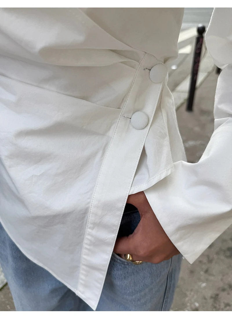 Elegant White Shirts Women Fashion Irregular Blouses Office Ladies Korean Long Sleeve Chic Buttons Slim Design Streetwear Tops
