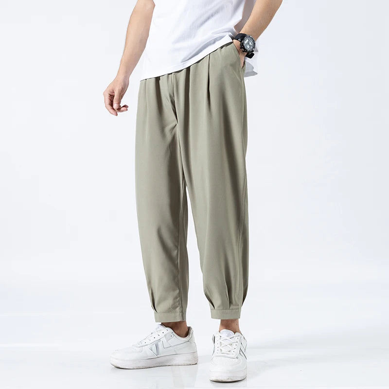 Ice Silk Summer Men's Ankle-length Pants Solid Loose Quick Dry Pants Mens Casual Elastic Lightweight Joggers Thin Business