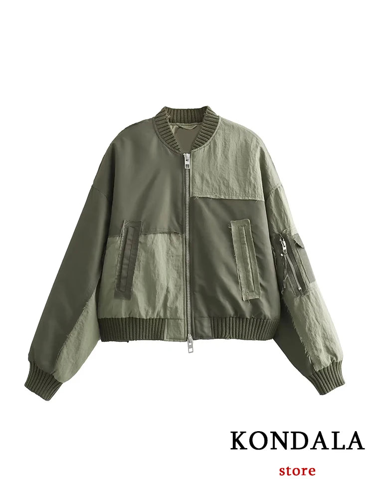 KONDALA Streetwear Armygreen Bomber Jackets Women Patchwork Zipper Pockets Oversized Jackets Fashion 2025 Winter Spring Coats