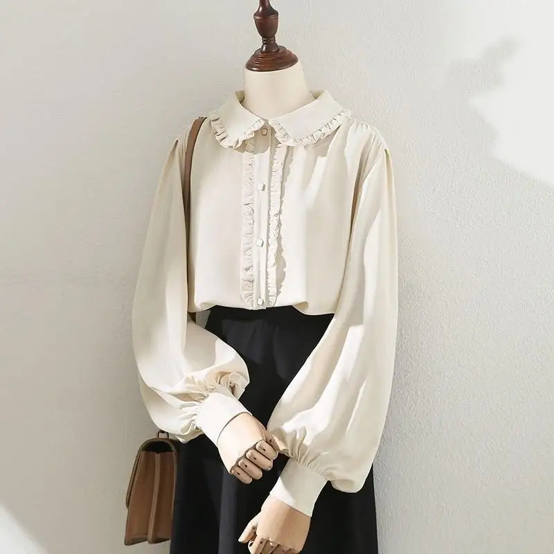 Apricot Shirts Tops Women Temperament Peter Pan Collar Ruffles Aesthetic All Season Loose Long Lantern Sleeve Chic Elegant Mujer