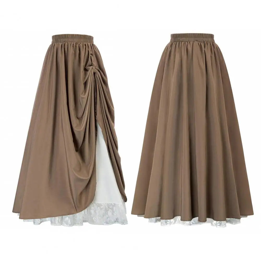 Women Retro Medieval Elastic Lace High Waist Boho Maxi Skirt Casual Drawstring A Line Shirtdresses Backless Vintage Bodycon