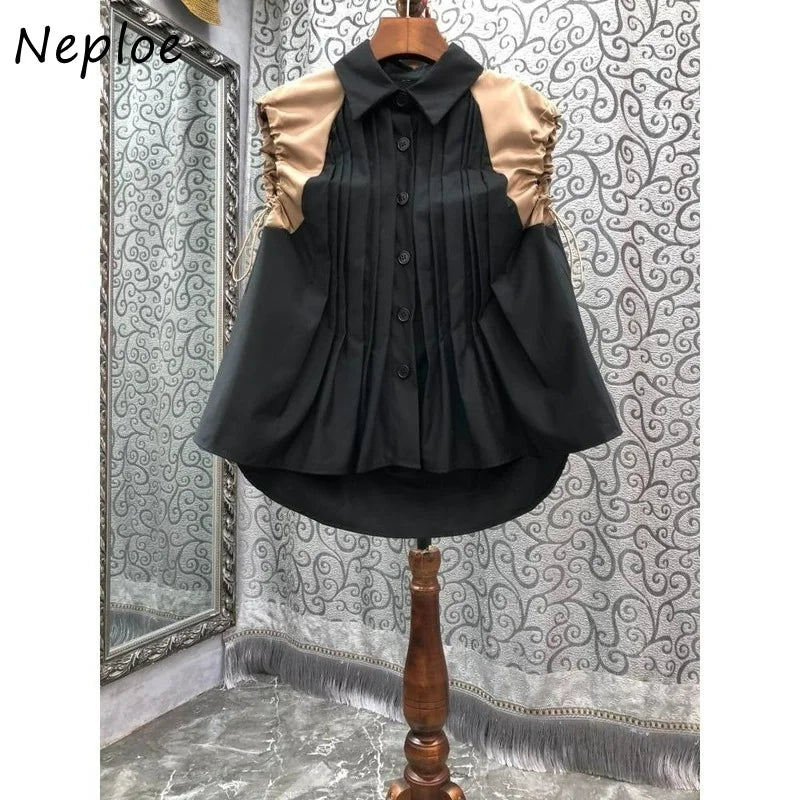 Neploe Turn Down Collar Single-breasted Blouse Pleated Drawstring Patchwork Shirts Korean 2025 Fashion Loose Casual Blusas
