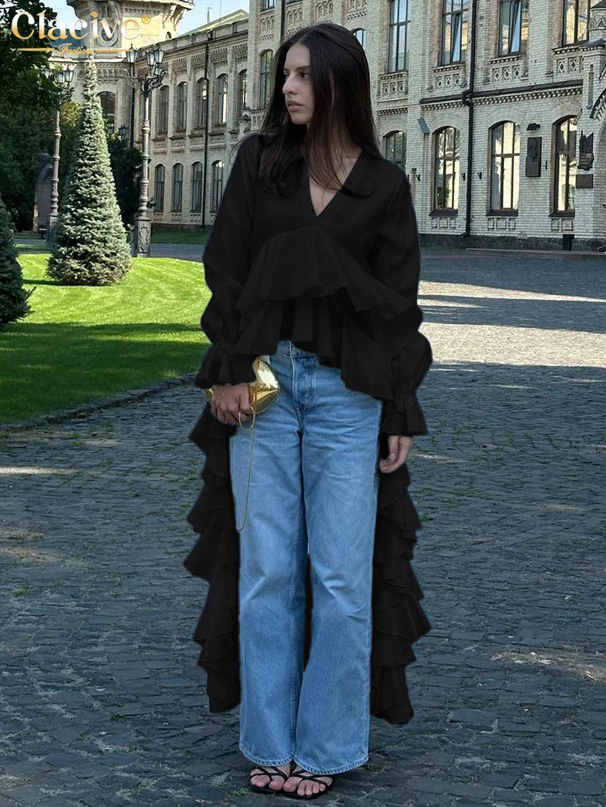 Clacive Sexy Loose White Women's Shirt 2025 Fashion V-Neck Long Sleeve Shirts Elegant Ruffle Irregular Top Female Clothing