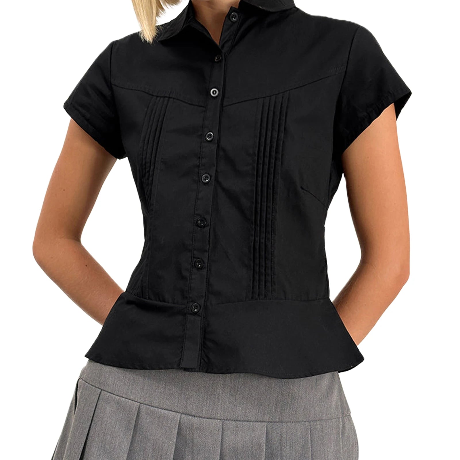 Women's Summer Slim Fit Shirt Solid Color Short Sleeve Lapel Button Down Pleated Tops Streetwear