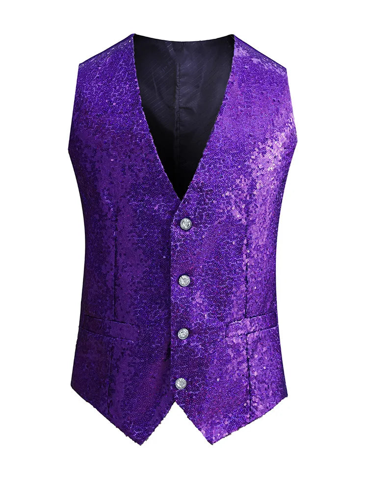Red Shiny Sequins Single Breasted Sleeveless Vest Men's V-Neck Waistcoat Gold Black White Blue Purple Available M L XL XXL XXXL