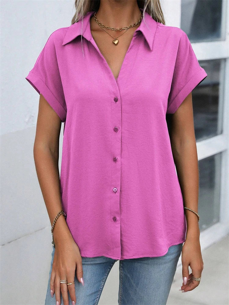 2025 Spring And Autumn New Solid Color Short-sleeved Shirt Fashion Loose Temperament Shirt Folding Blouse Ms. Home Rest Shirt