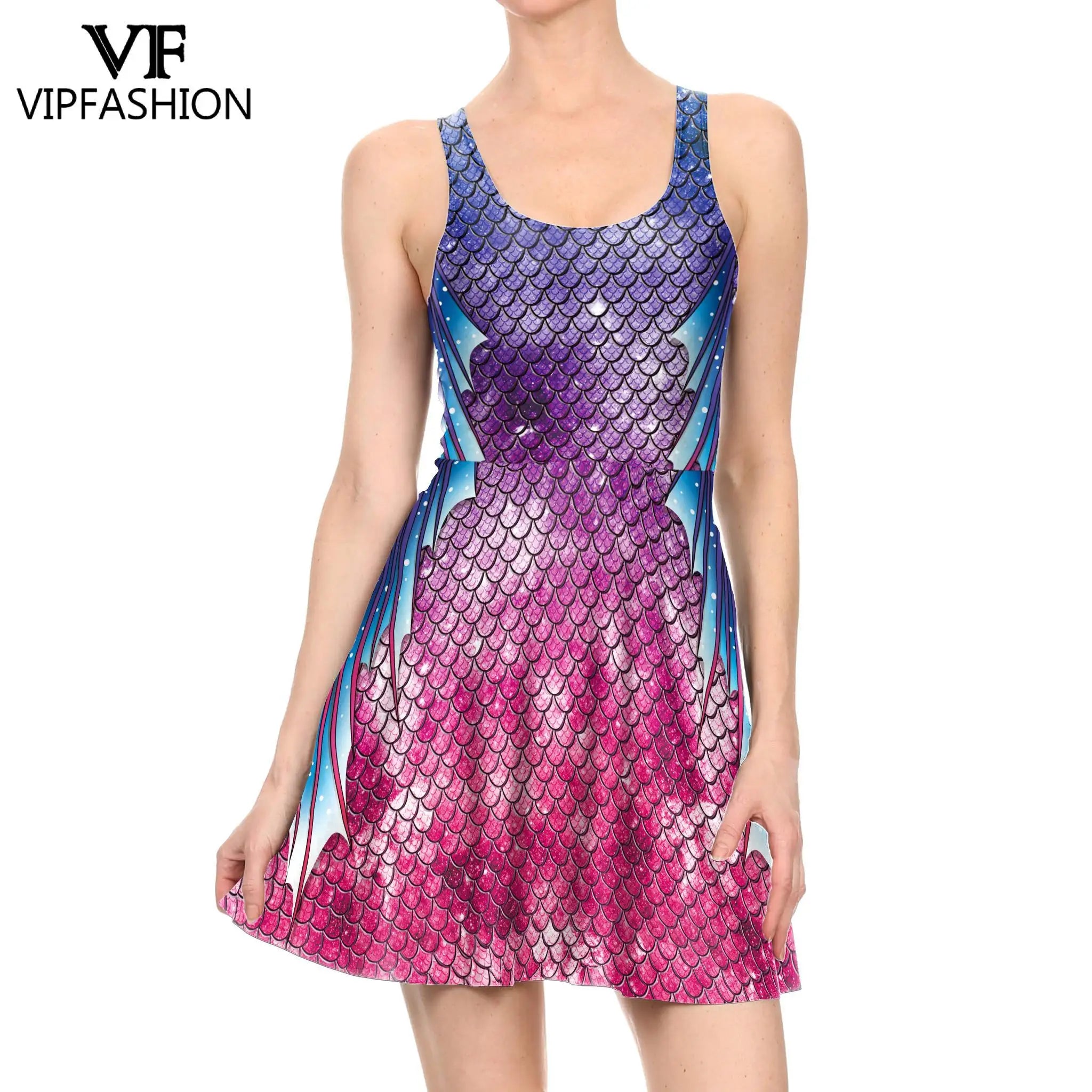 VIP FASHION Mermaid Tank Top Dress Summer Women Elegant One Piece Sexy Fish Scale Print Dresses Lady Sleeveless Cosplay Outfits