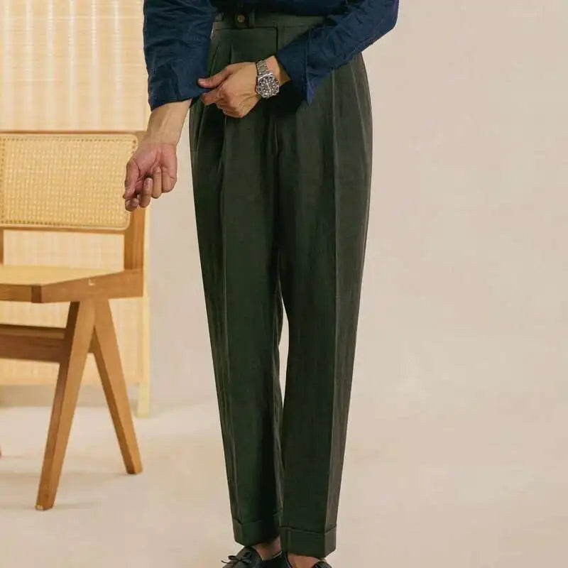 Linen  Retro Casual Pant British High Waist Pants Office-trouser Men Dress White Pant Trouser Straight Leg Pant Naples