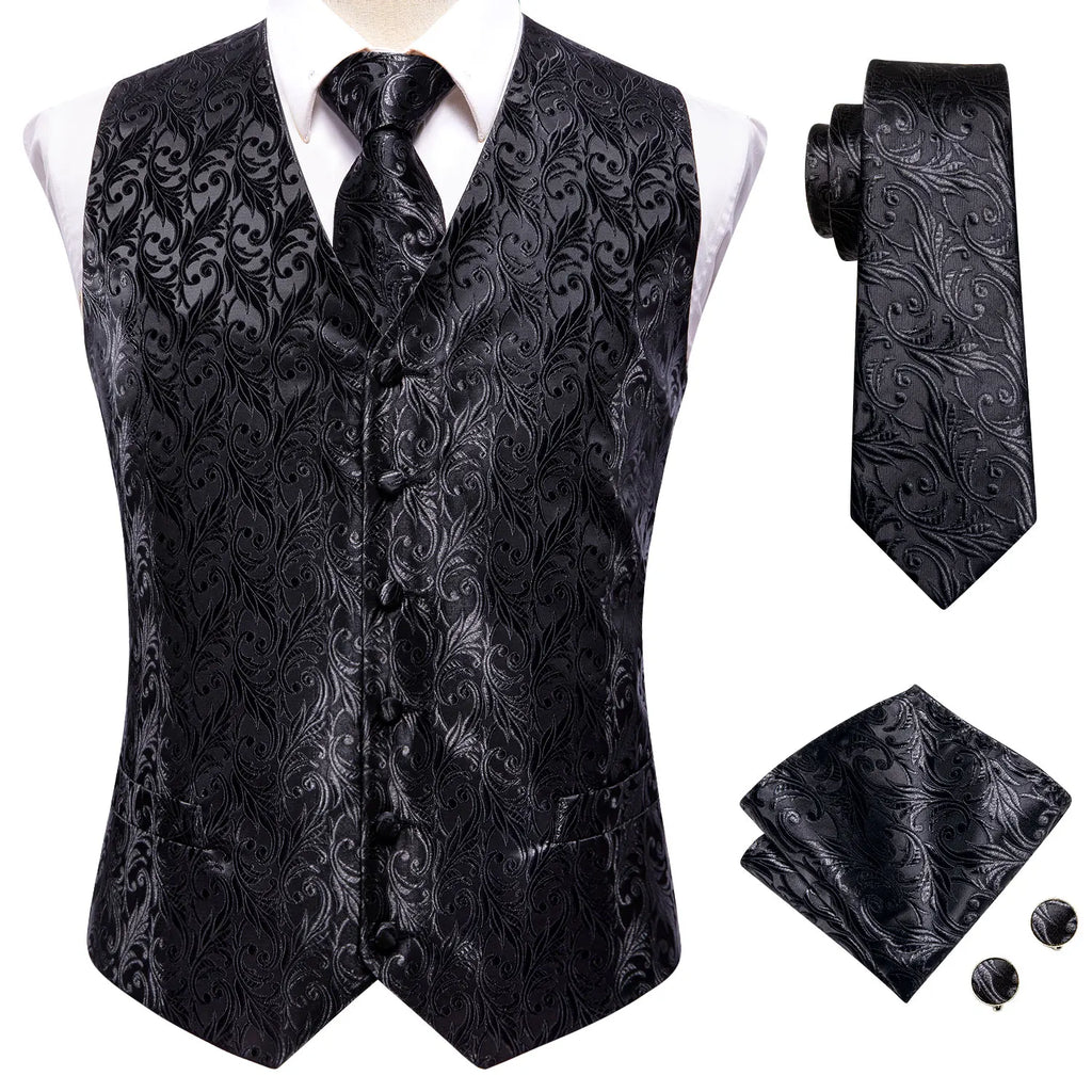 Hi-Tie Black Men Silk Vest Paisley Jacquard Necktie Hankerchief Cufflinks Sets Male Sleeveless V-Neck Waistcoat Business Formal