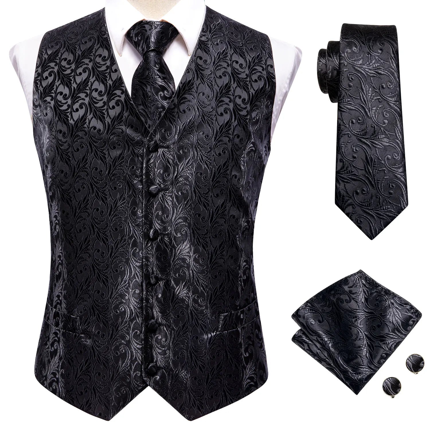 Hi-Tie Black Men Silk Vest Paisley Jacquard Necktie Hankerchief Cufflinks Sets Male Sleeveless V-Neck Waistcoat Business Formal