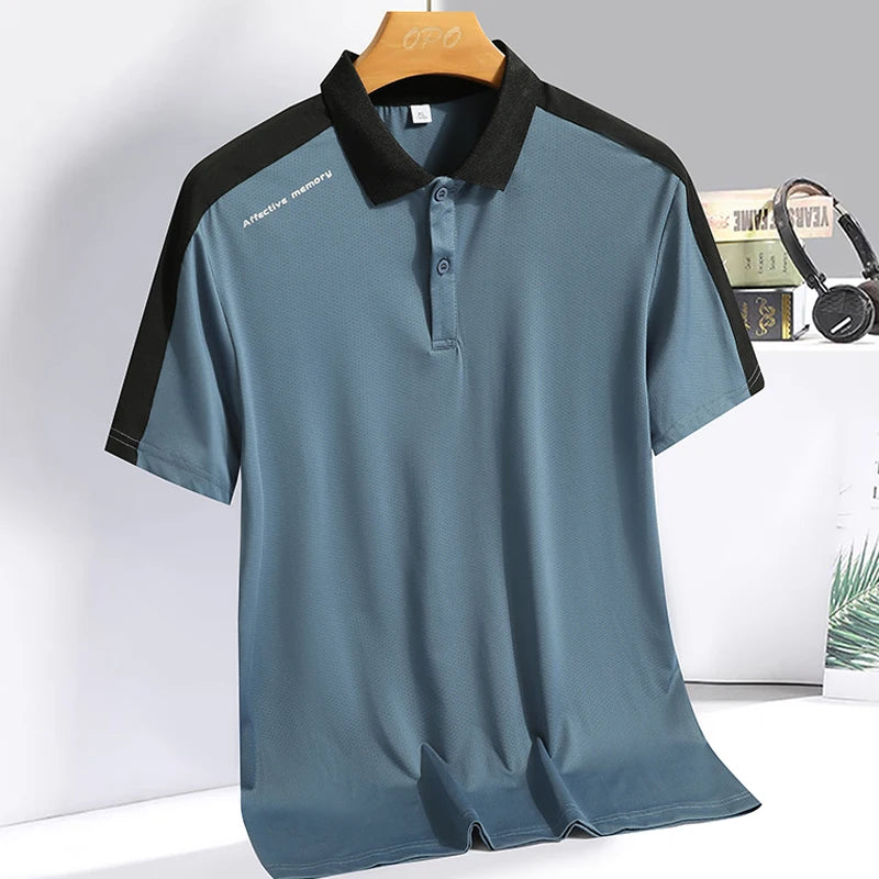Men's Polo collar top with summer ice silk breathable quick drying short sleeved T-shirt patchwork contrasting color polo shirt