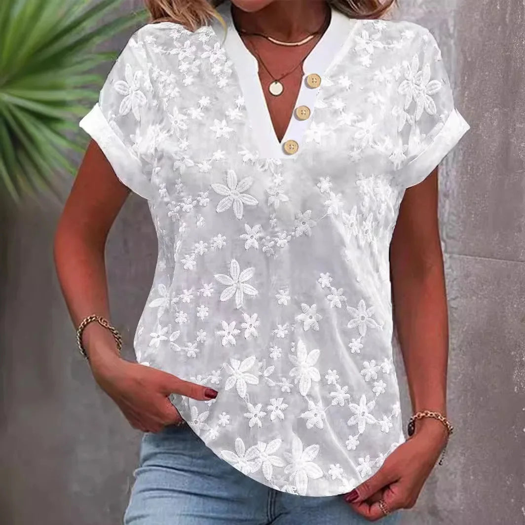 Women Shirt Pullover Solid Blouses Spliced V Neck Shirts Casual Summer 2024 Loose Fit Slight Strech Button Basics Embroidery