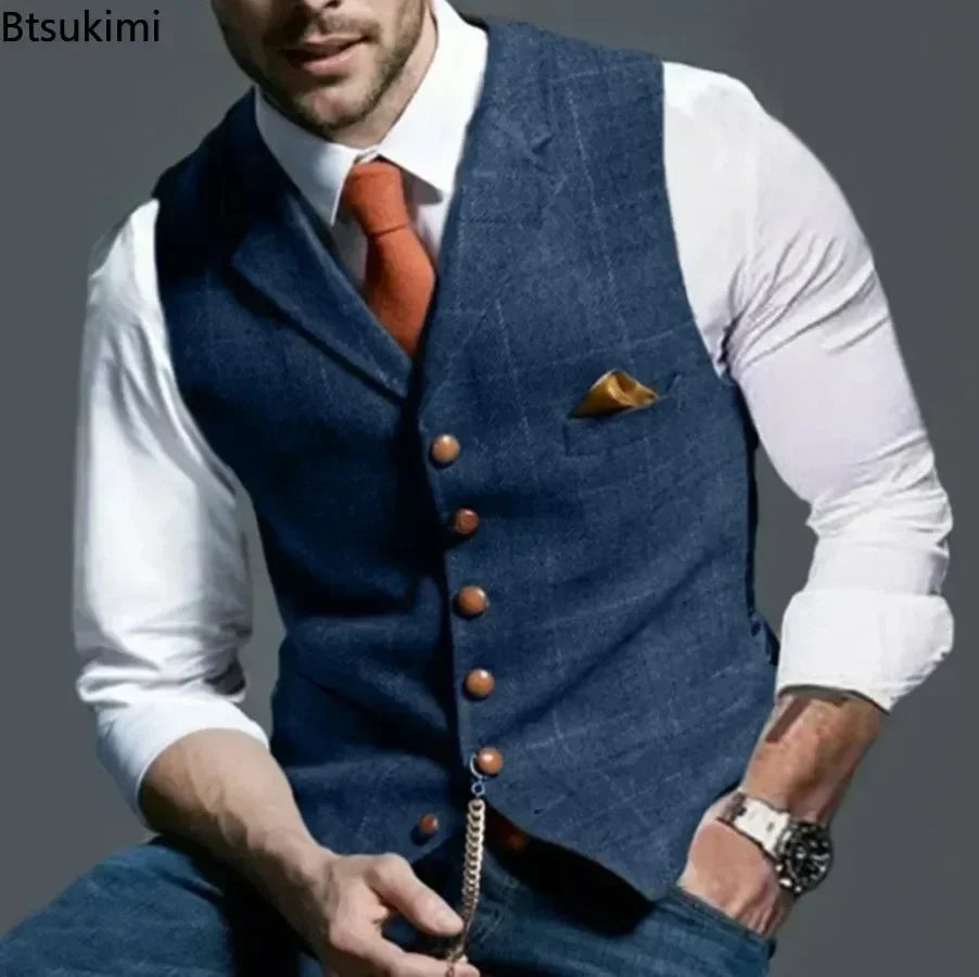2025 Men's Formal Vests Lapel Tweed Plaid V-neck Waistcoat Slim Vest Business Formal Dress Suit Casual Wedding Tuxedo Male Vest