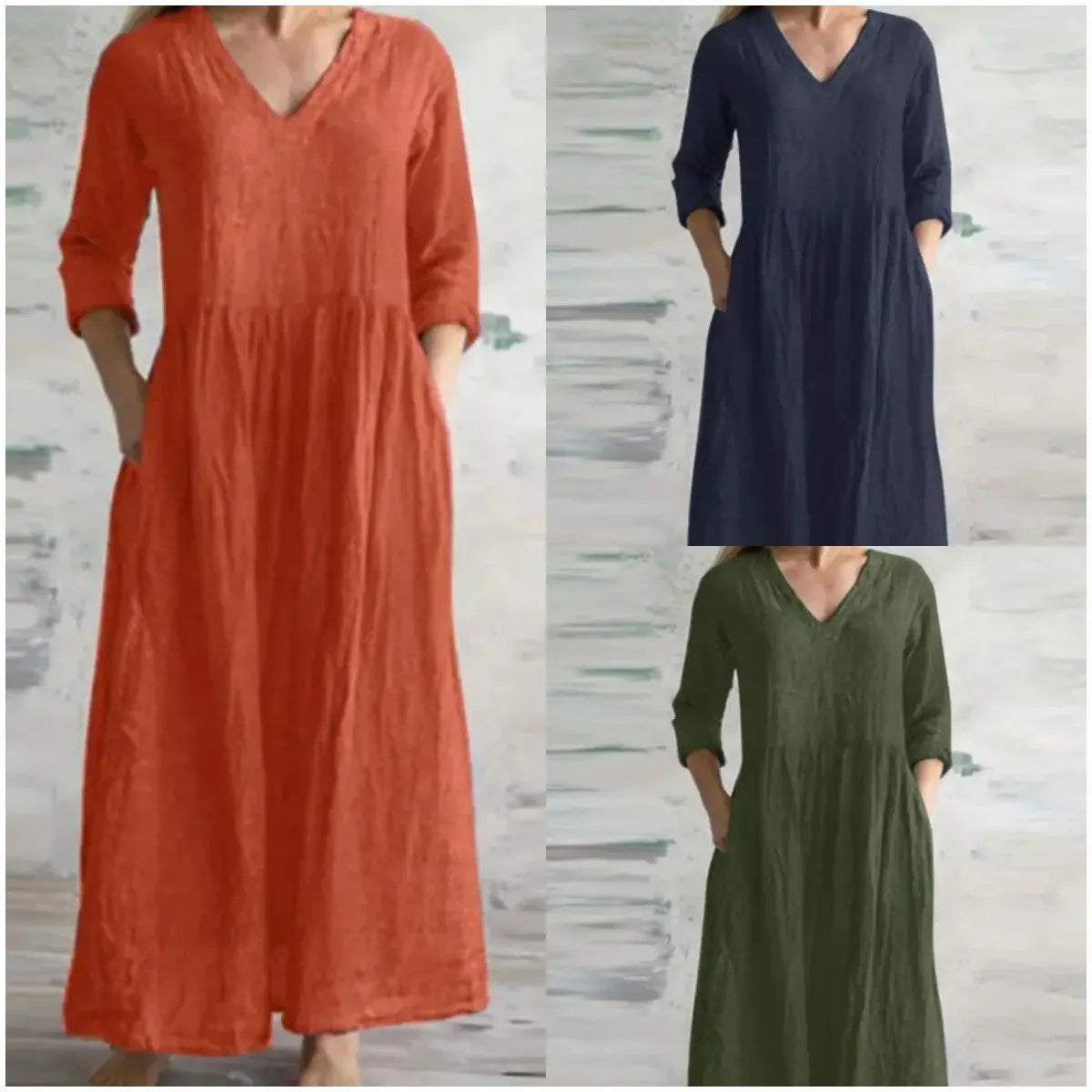 Cotton Linen Loose Long Dresses For Women 2024 Spring Autumn New Casual Half Sleeves V-neck Maxi Dress Simple Style Lady Vestido