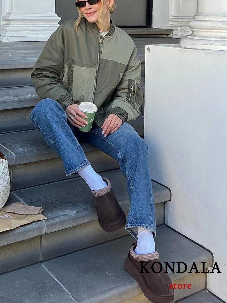KONDALA Streetwear Armygreen Bomber Jackets Women Patchwork Zipper Pockets Oversized Jackets Fashion 2025 Winter Spring Coats