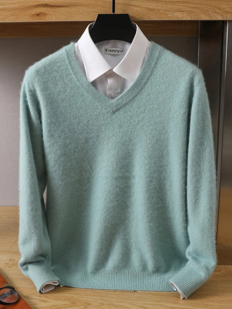 MVLYFLET 2024 NEW Men's 100% Mink Cashmere Sweater V-Neck Pullovers Knit Large Size Winter New Tops Long Sleeve High-End Jumpers
