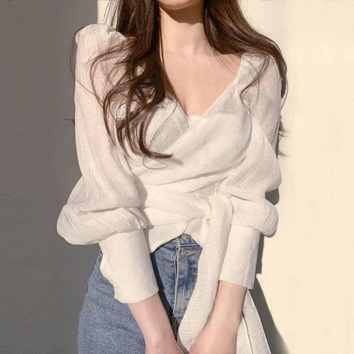 2023 Design Long Sleeve Shirt Women's V-neck Pleated Waist Top Blusas Clothes for Women Tops Shirts Blouses