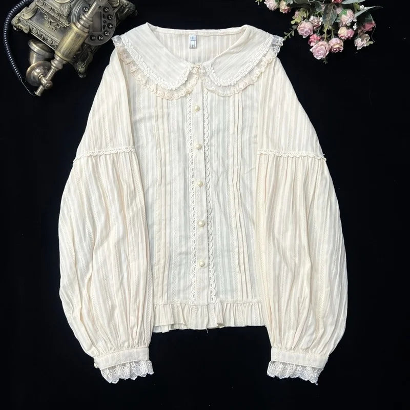 Sweet Lolita Blouses Women Cute Lace Bow Shirts Kawai Peter Pan Collar Long Sleeve Blouse Girl Cotton Comfortable Lolita Clothes