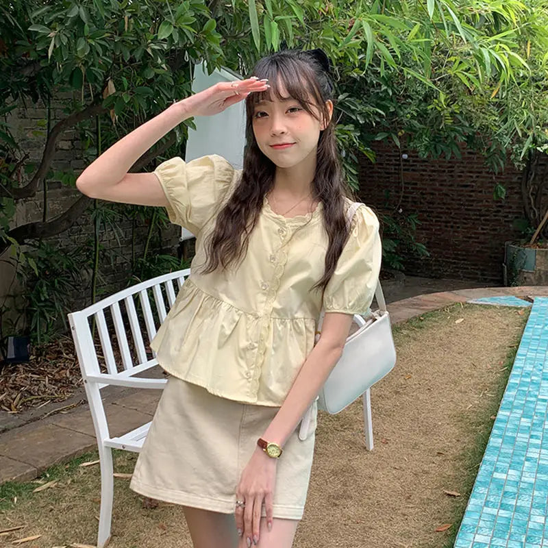 Shirts Women Elegant Sweet Preppy Style Cute Summer Tops Short Puff Sleeve New Arrival Stylish Korean Camisas Mujer Vintage Pure