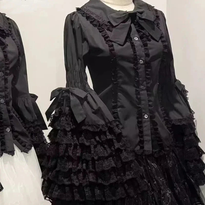 Japanese Y2k Vintage Lolita Shirts Women Korean Sweet Elegant Cute Tops Gothic Y2K Bow Lace Ruffle Flare Long Sleeve Blouse