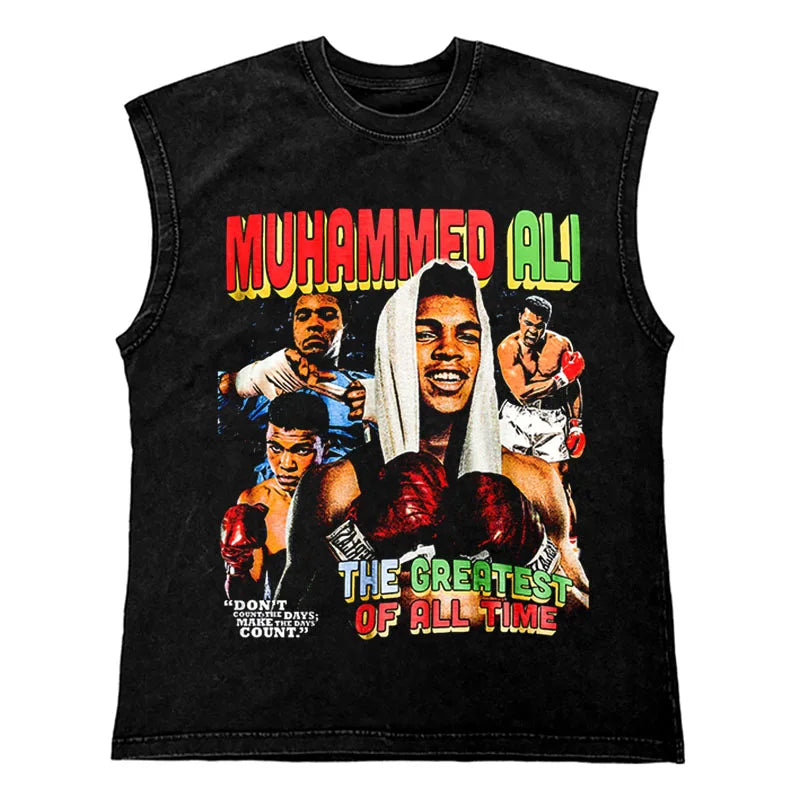 Hip Hop Streetwear T Shirt Men Washed Vest Oversized Cotton Combat Boxing Portrait Graphic Tank Tops 270Gym Tee Top Men Clothing