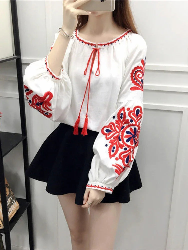 Women's Retro Blouse National Style Embroidered Lace-Up Tassel V-Neck Lantern Sleeve Tops Loose All-Match Female Blusa PL536