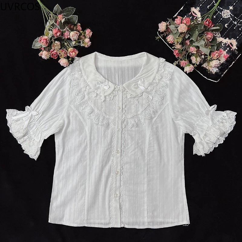 Sweet Lolita Woman Blouses 2022 Loose White Shirt Lace Bow Short Sleeve Tops Women's Korean Clothing Summer Chic Female Blouse