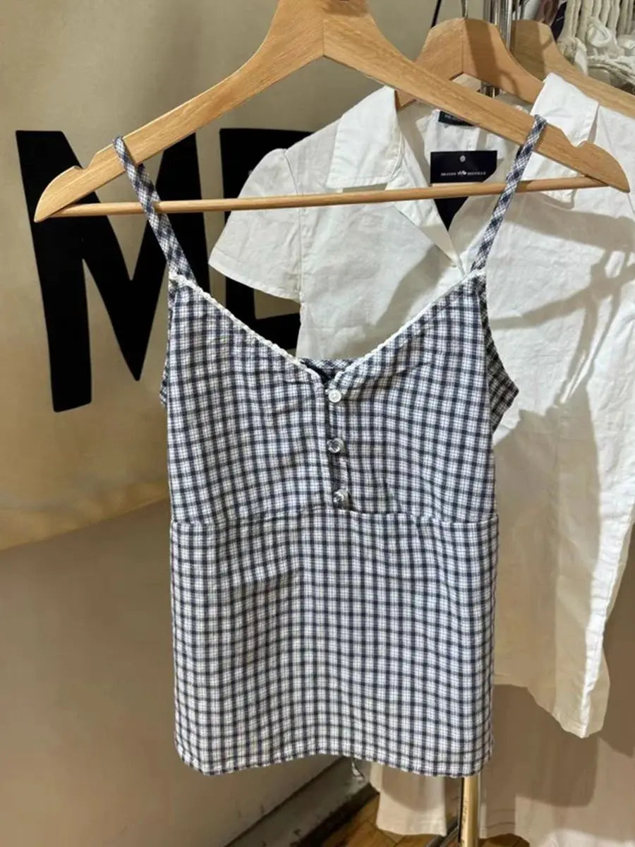 Navy Plaid Tank Shorts 2 Piece Sets Woman Lace Trim Buttons Lace-up Camis+Drawstring Sweatshorts Vintage Sweet Home Cotton Set