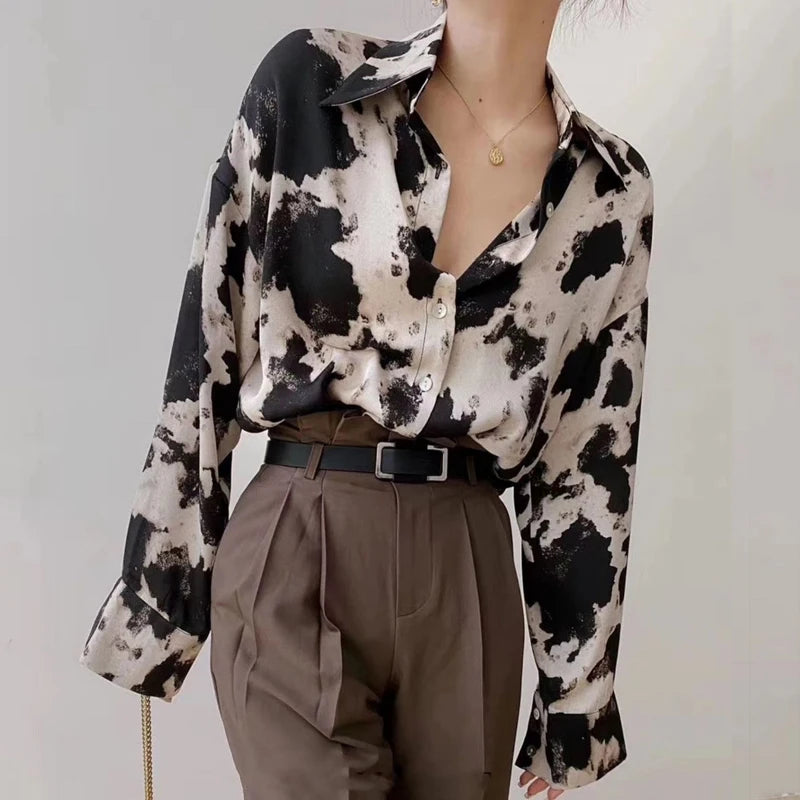 Cow Print Button Up Shirts Women Spring Plus Size Tops Korean Fashion Clothes Chiffon Streetwear Long Sleeve Blouse New 13486