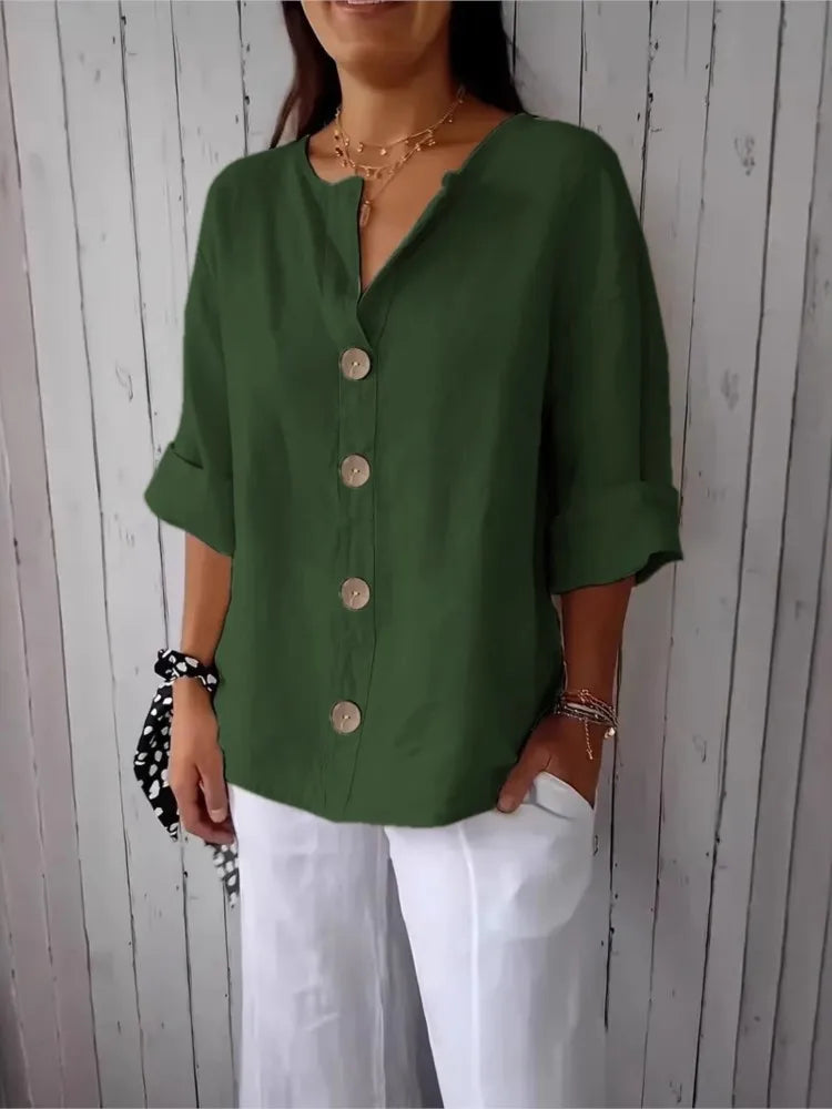 New Summer Loose Shirt Women's V-neck Cotton Linen Button Top Casual Shirts Solid Fashion Elegant Office Womens Clothing 2025